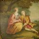 Trumeau mirror with cracked patina and oil on panel depicting a romantic scene from the 19th century.