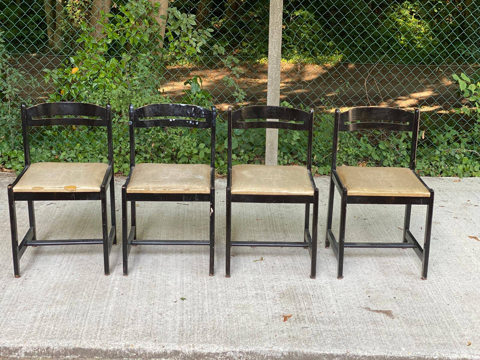 4 black solid wood and beige leather chairs from the 80s