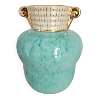 Vase mid-century céramique bleue et anses dorées