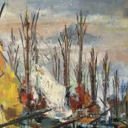 Sailboats at the harbour, oil on wood panel