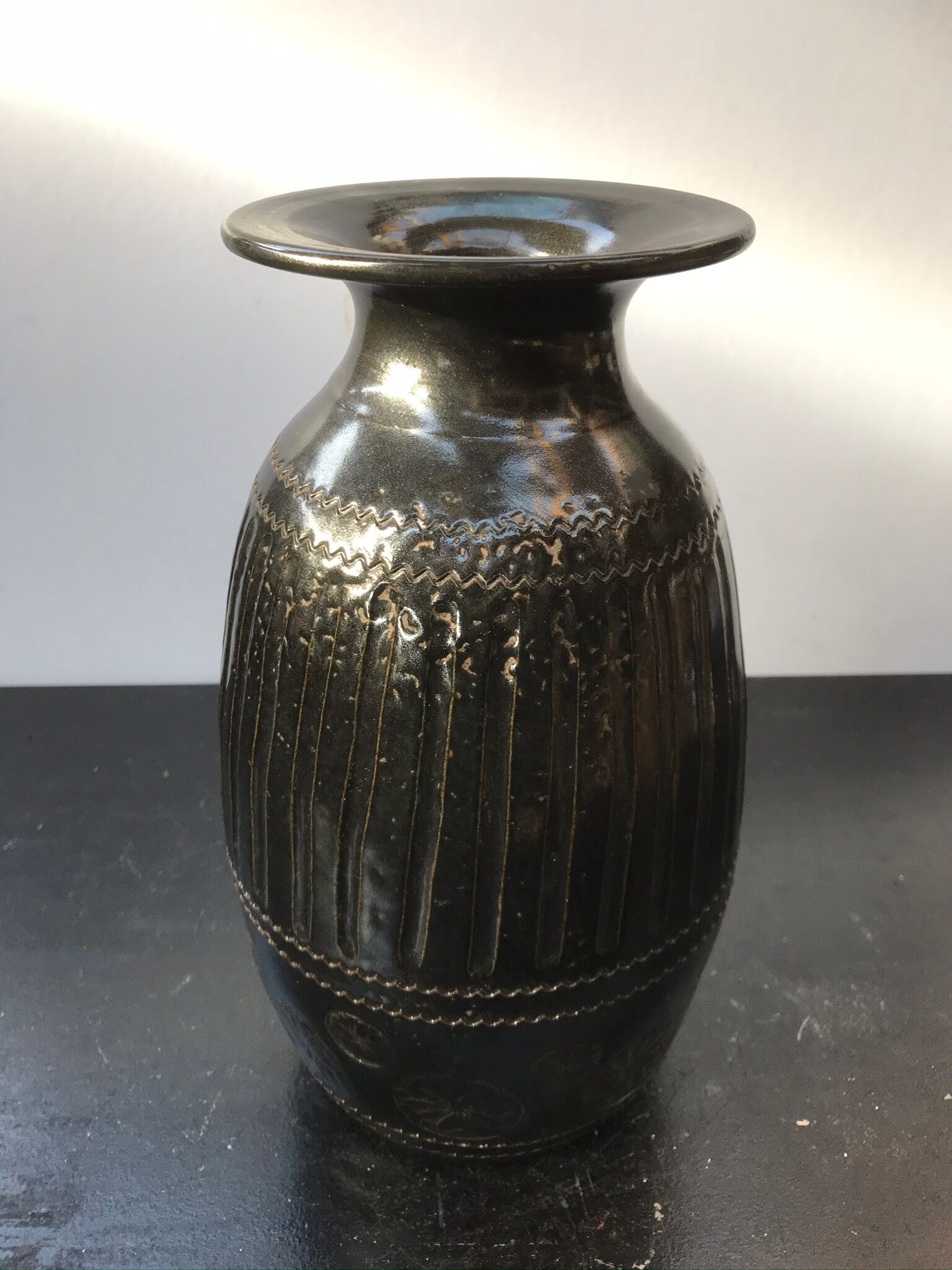 Former Black Brown Ceramic Vase Enamelled Signed HOPWILLER Vintage