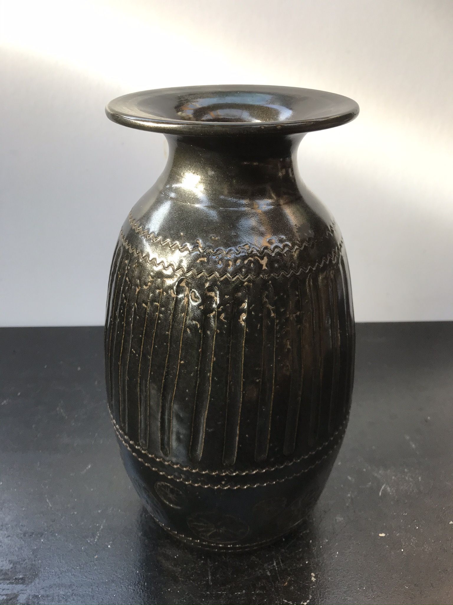 Former Black Brown Ceramic Vase Enamelled Signed HOPWILLER Vintage