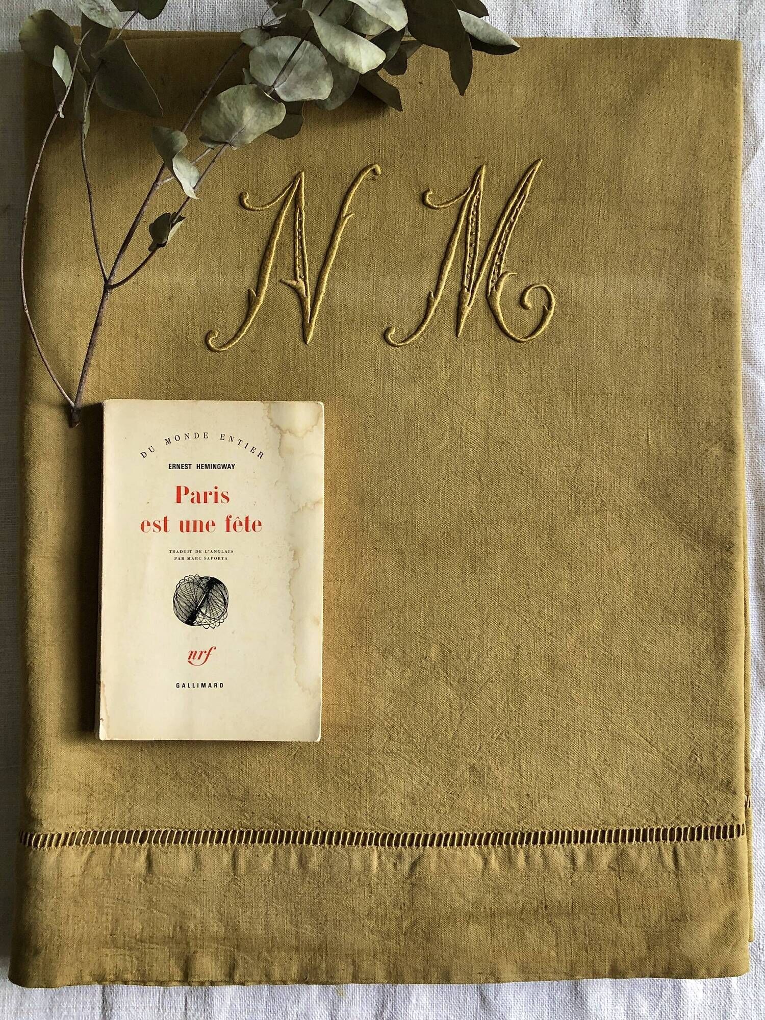 Old linen and cotton sheet embroidered and tinted in Indian yellow