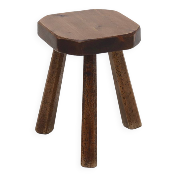 Tabouret artisanal en pin teinté France Années 50