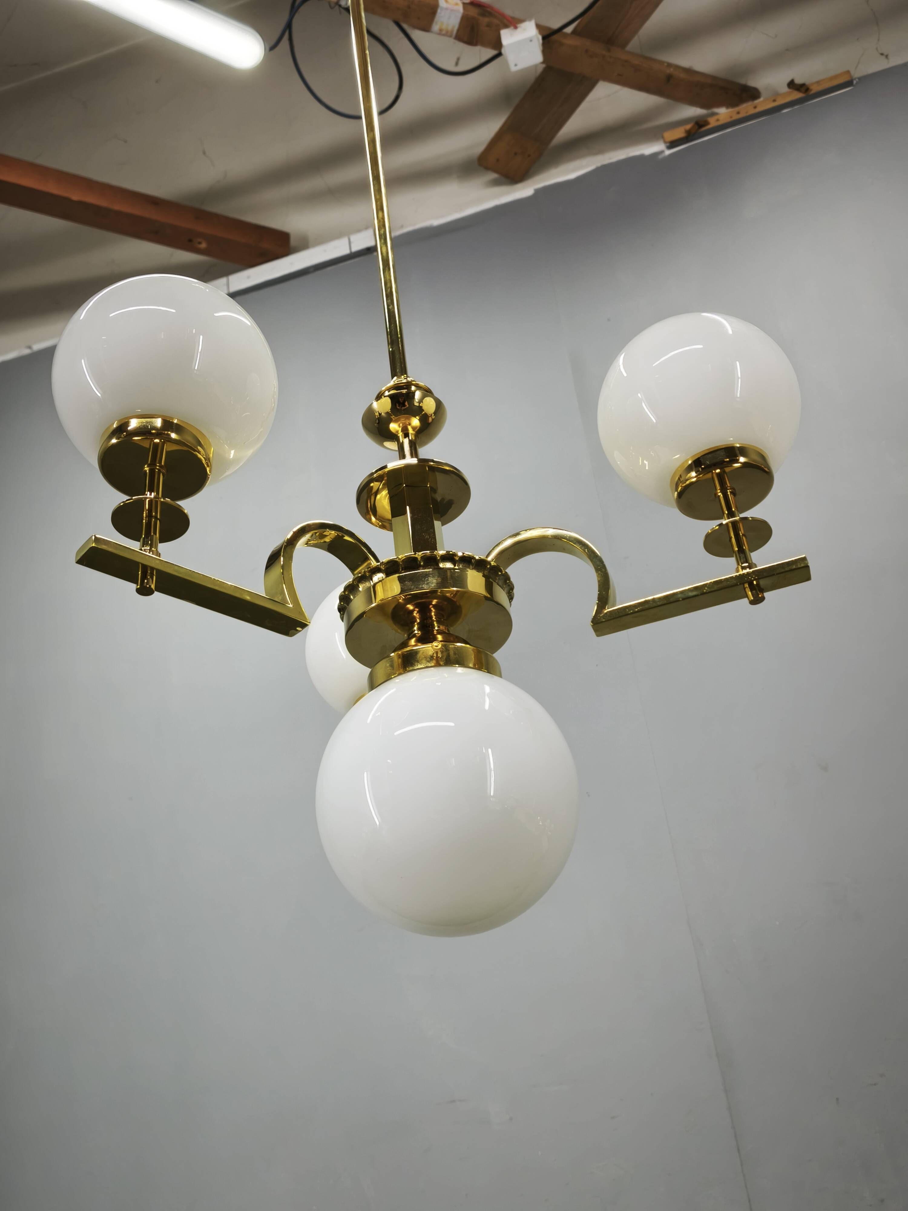1930s Art Deco Brass and Opaline Glass Globe Chandelier, Czechoslovakia