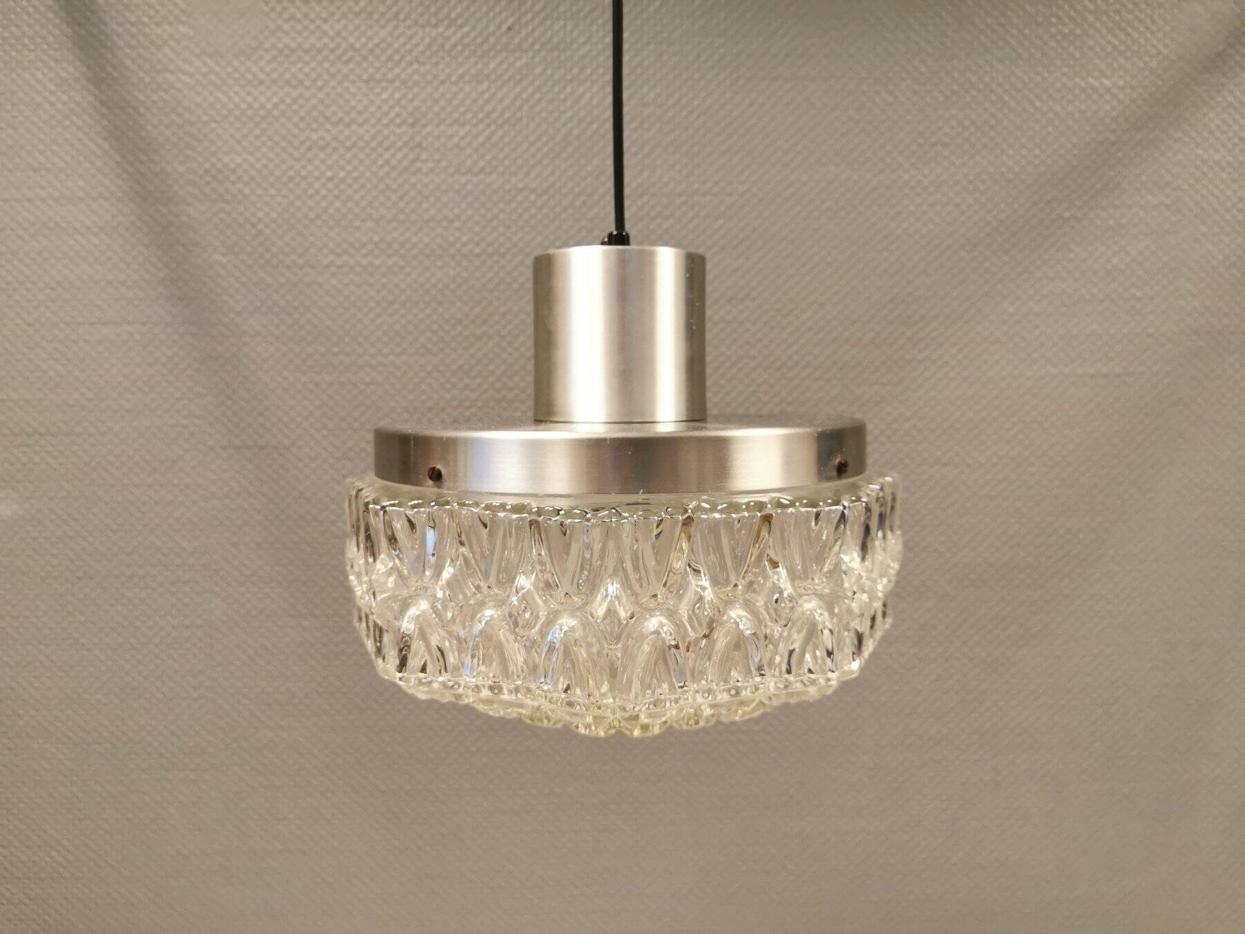 Beautiful hanging lamp in aluminium and hard-pressed crystal glass, probably Swedish