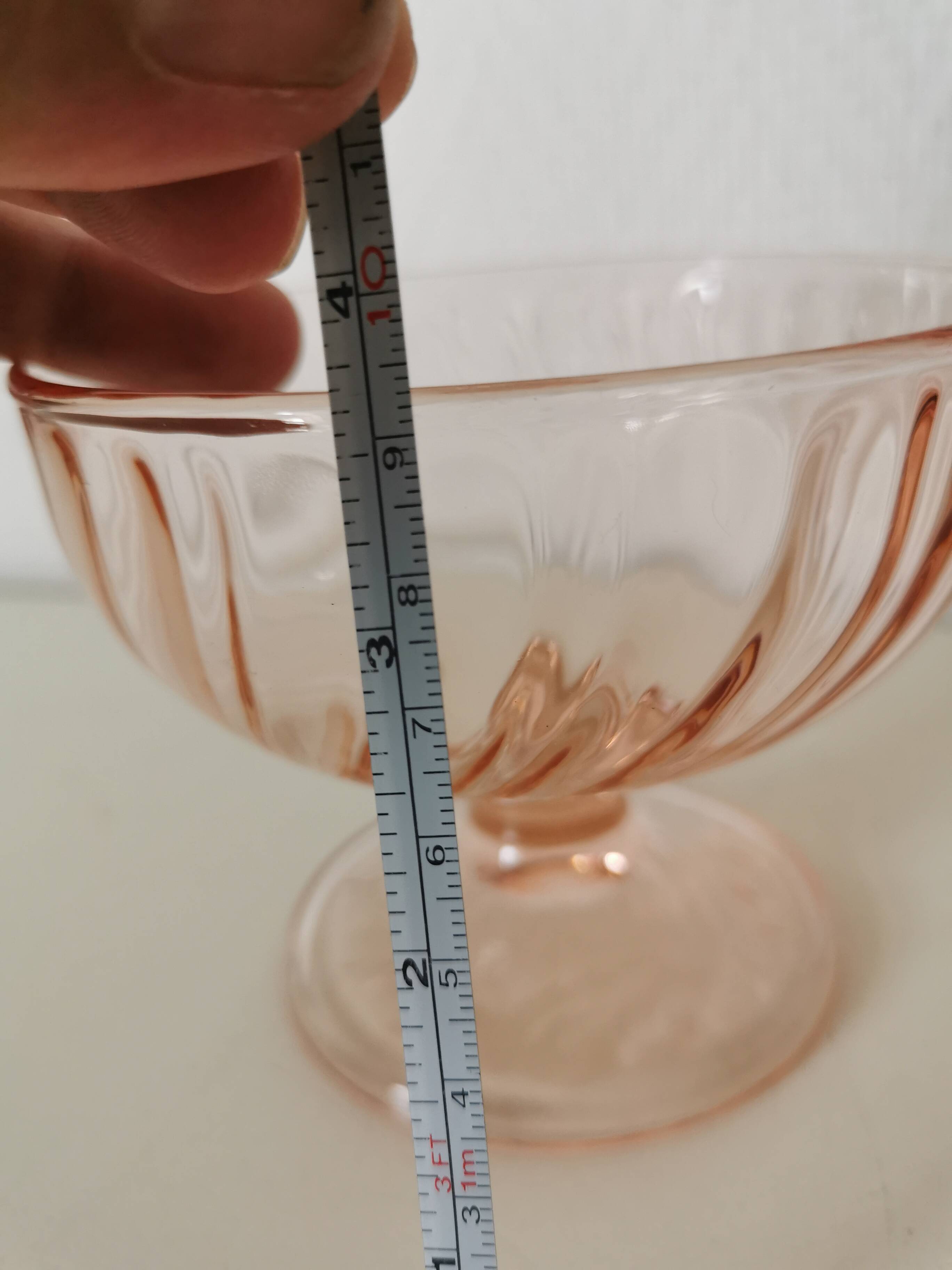 Pair of pink rosaline swirl glass fruit bowls