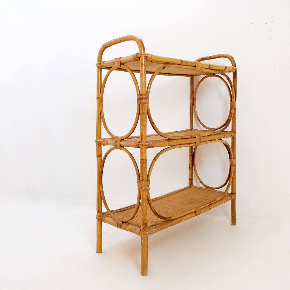 Vintage three-tier rattan shelf in bohemian style - 1960s