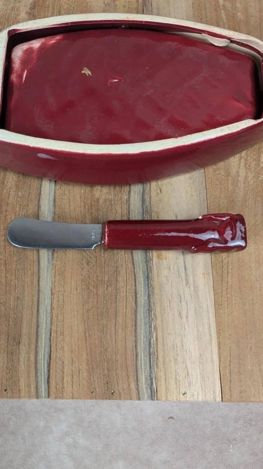 Vintage red ceramic butter dish + matching knife