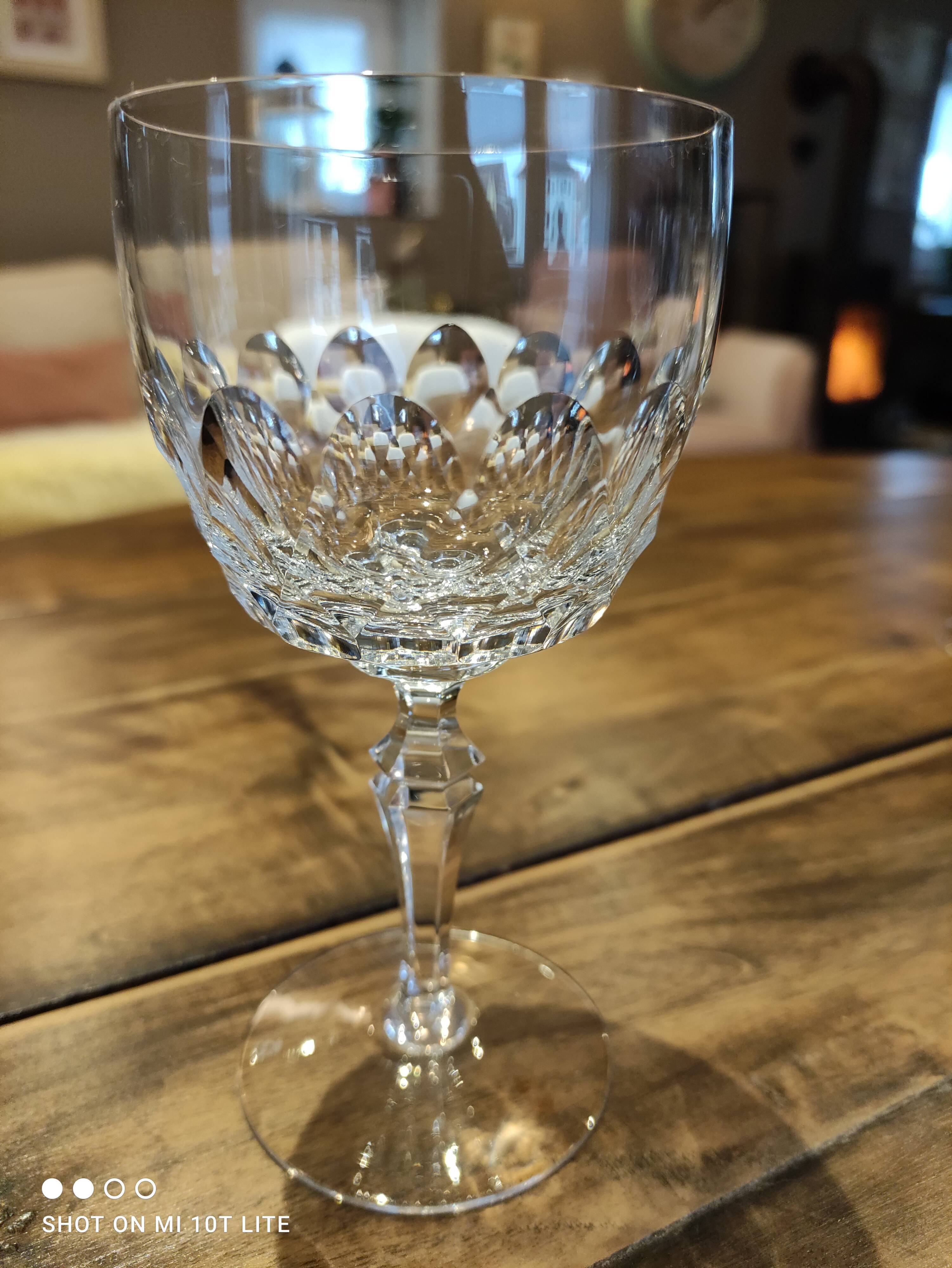 Set of 7 chiseled crystal wine glasses stamped with a crowned S