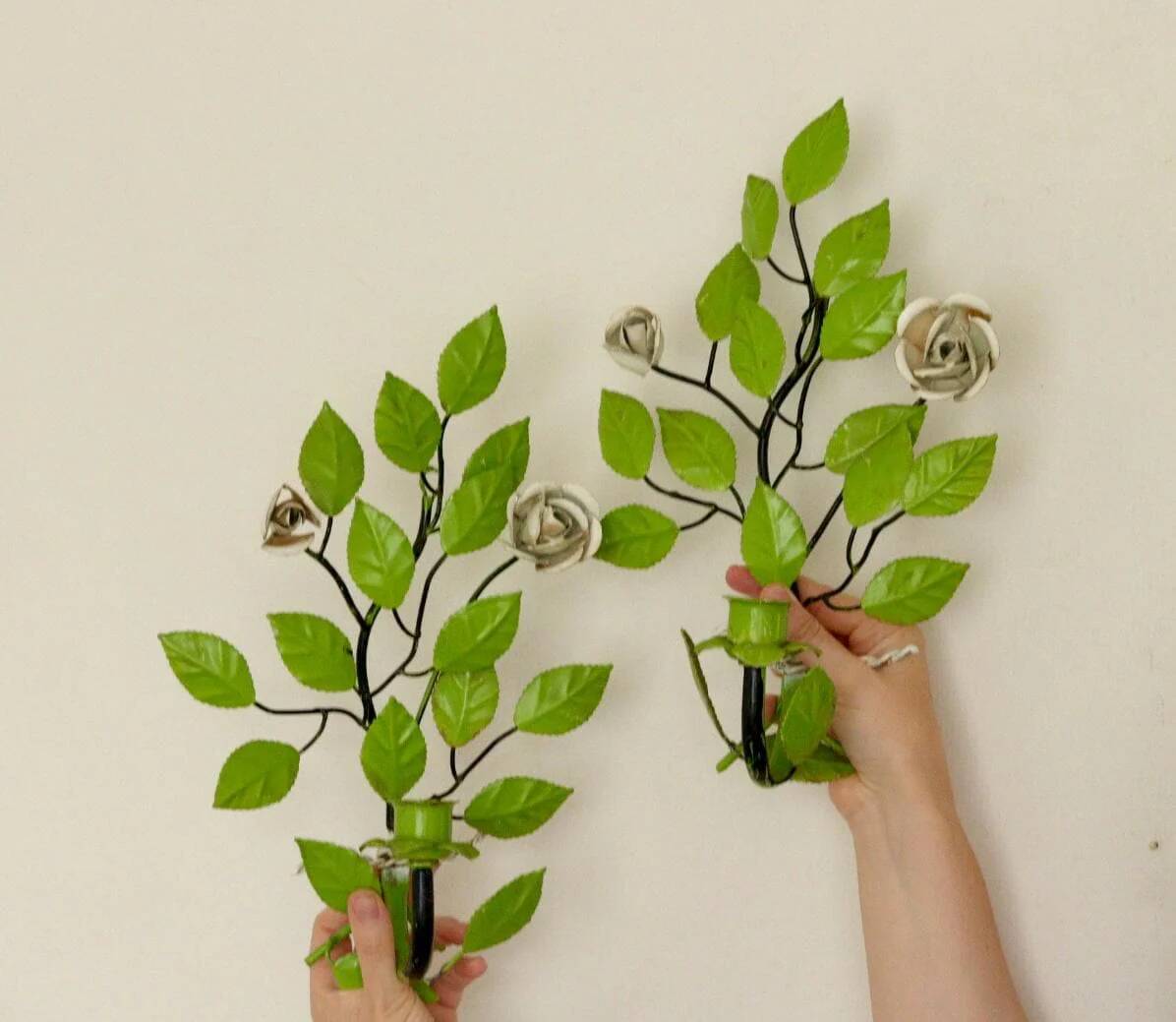 Pair of vintage green metal wall sconces – leaf-shaped