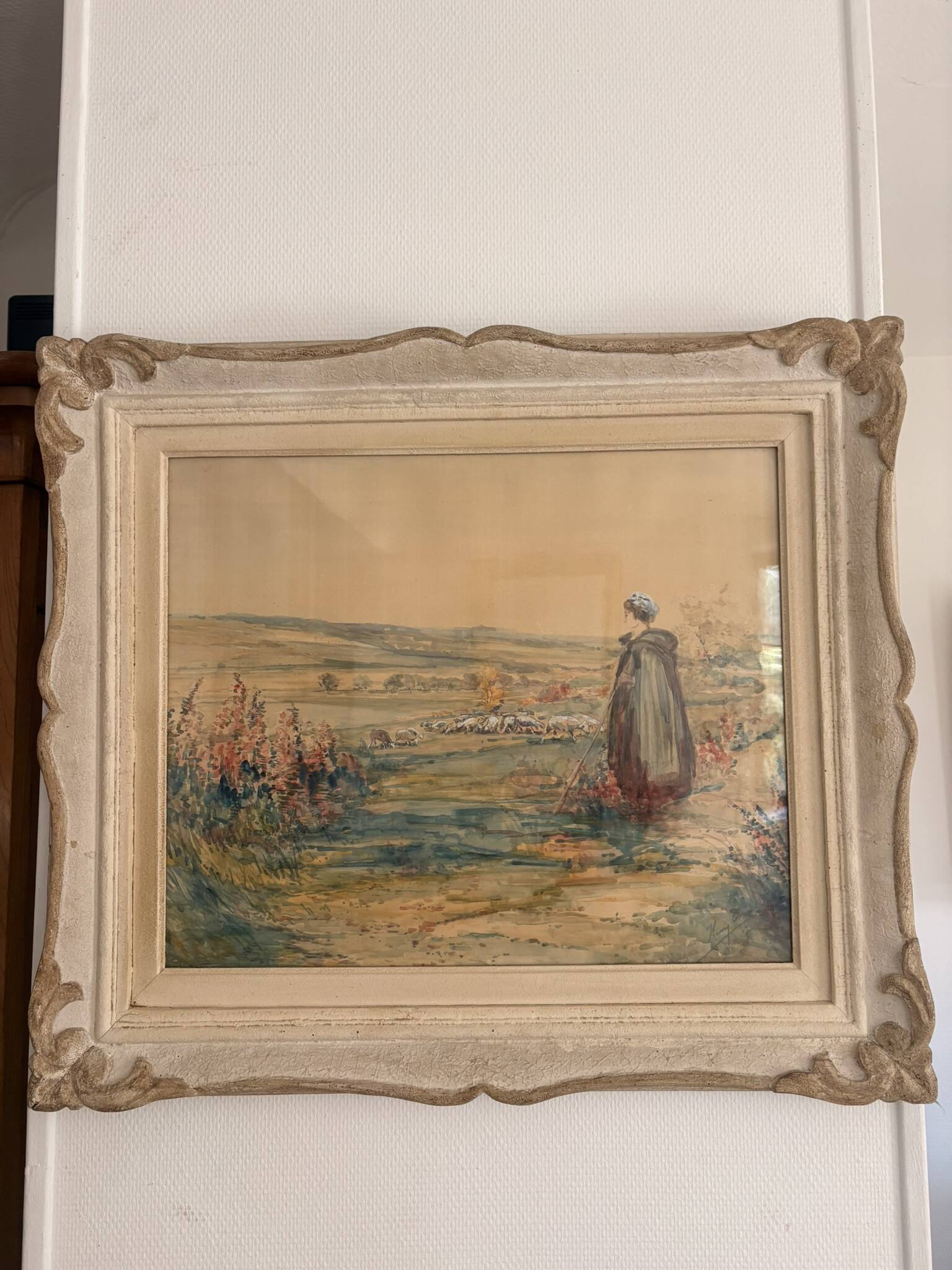 Old Watercolour Painting Shepherdess with Sheep Landscape Henry Charles