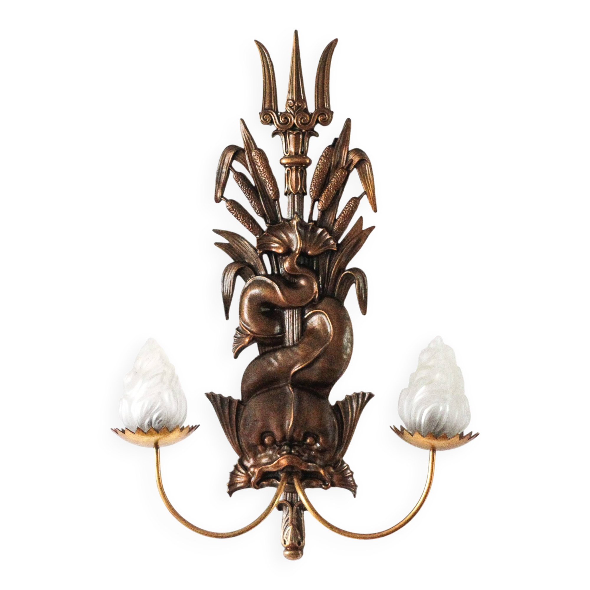 Large bronze wall light with 2 lights, dolphin wall light with reeds