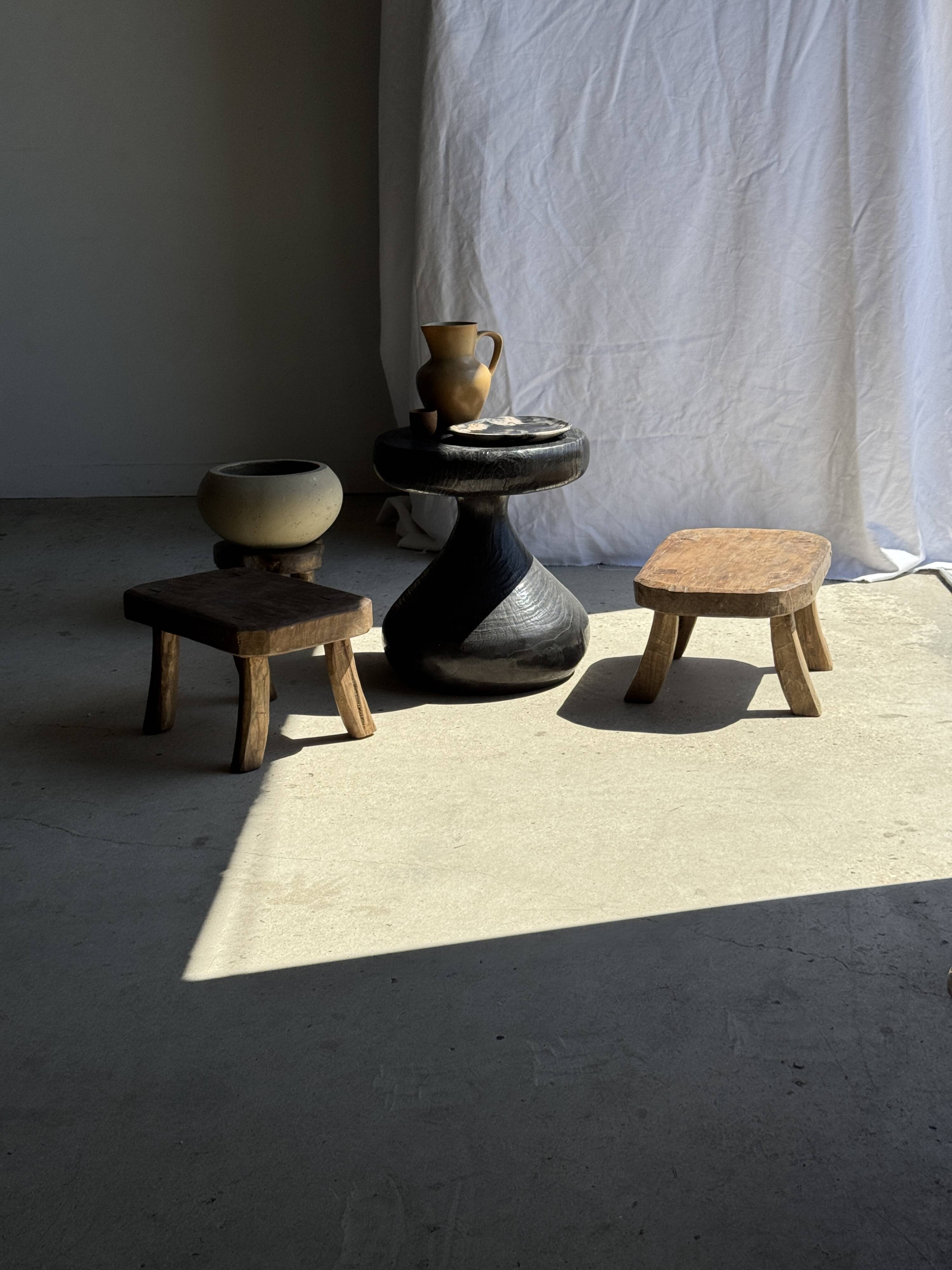 Small stool, oval solid teak accent stool wabi-sabi H25 45x31.
