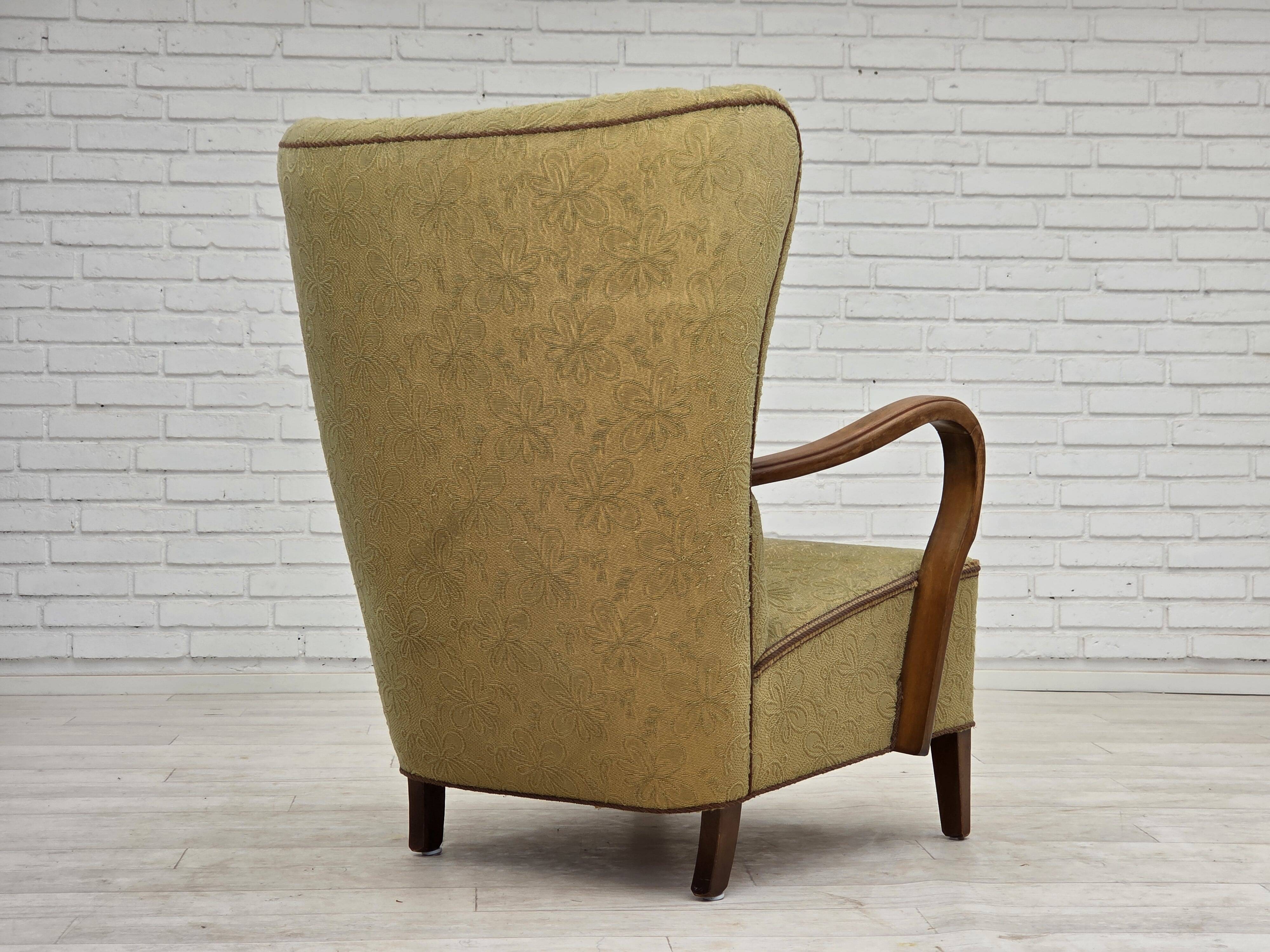 1960s, Danish armchair, light green furniture velour, beech wood.