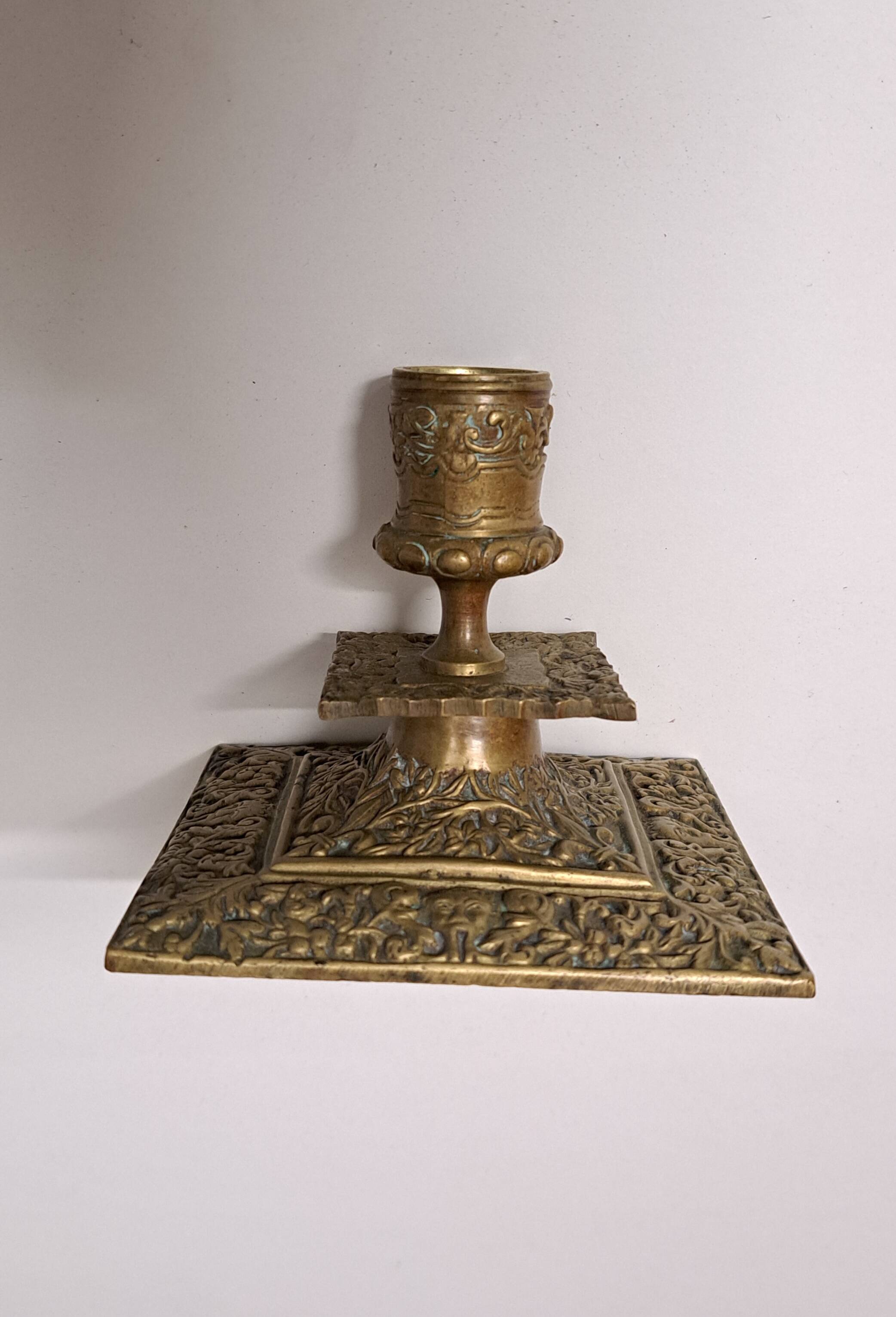 Antique Bronze Candlestick 19th Century Neo-Renaissance Style with Masks