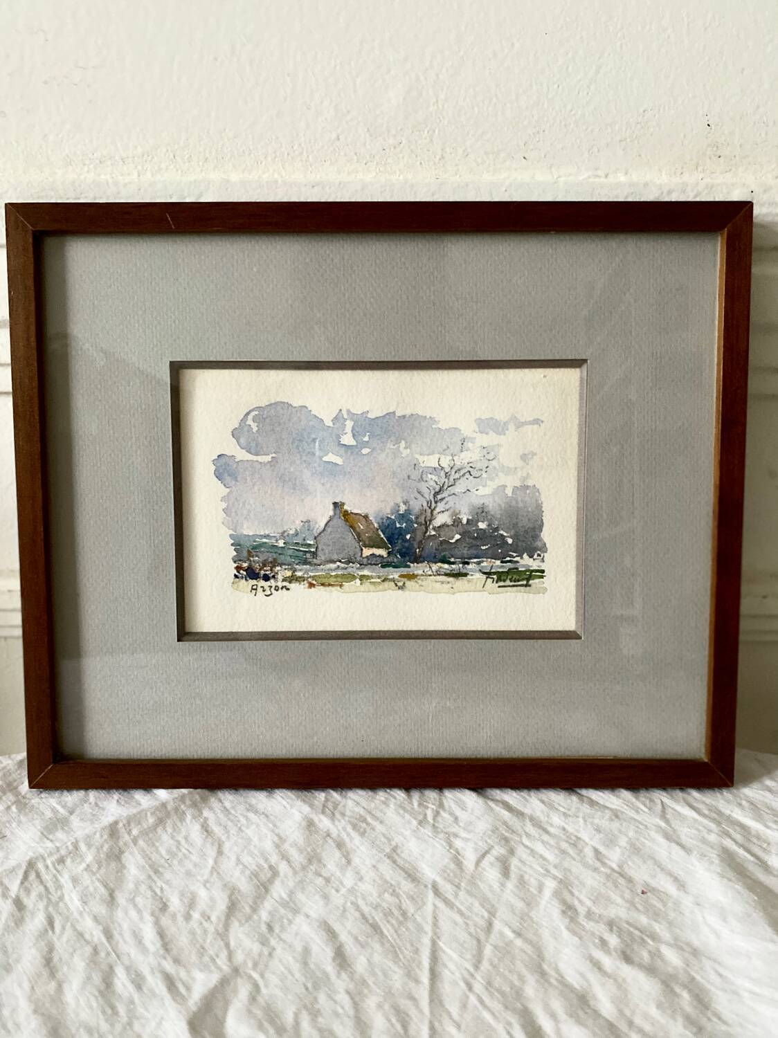 Small watercolor painting landscape Brittany Arzon signed