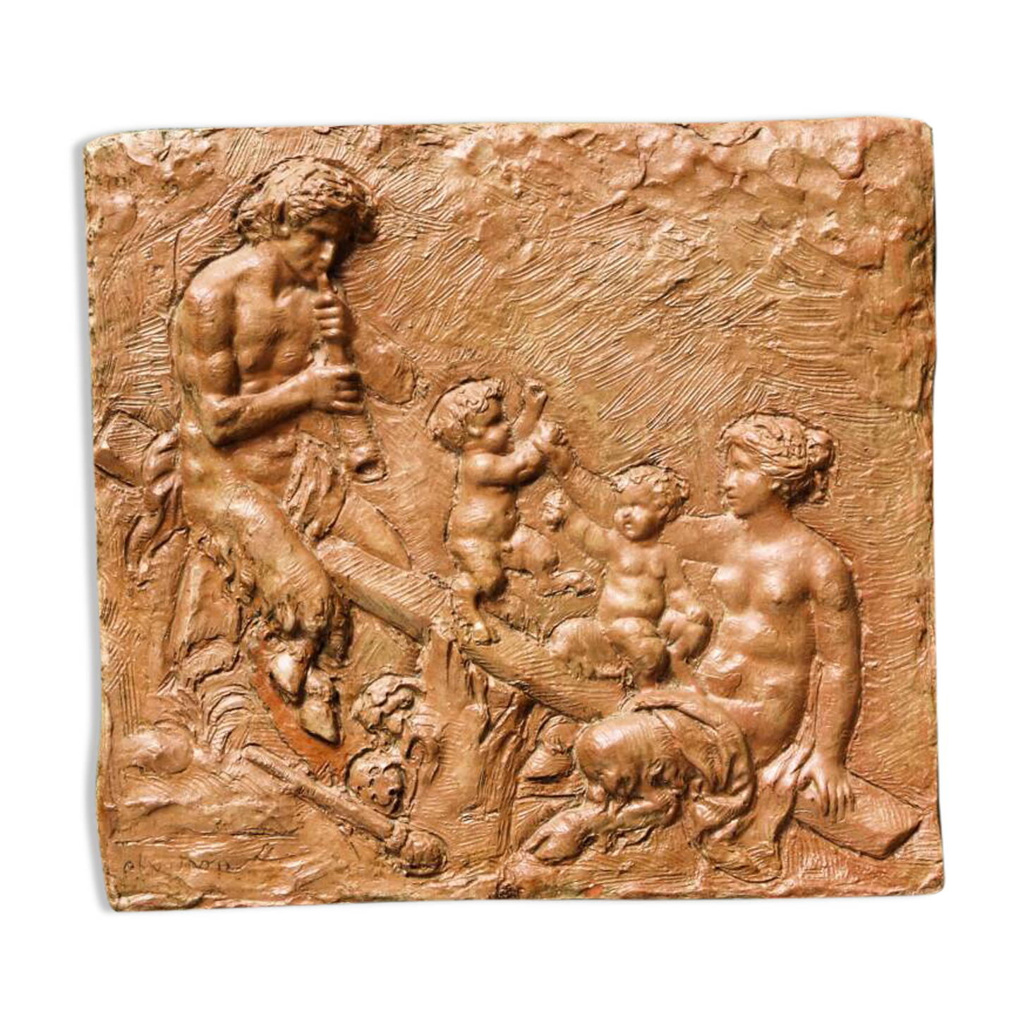 Terracotta bas-relief, satyrs, signed Clodion.