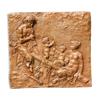 Terracotta bas-relief, satyrs, signed Clodion.