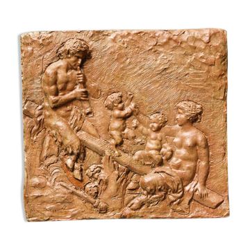Bas relief en terre cuite, satyres, signé Clodion