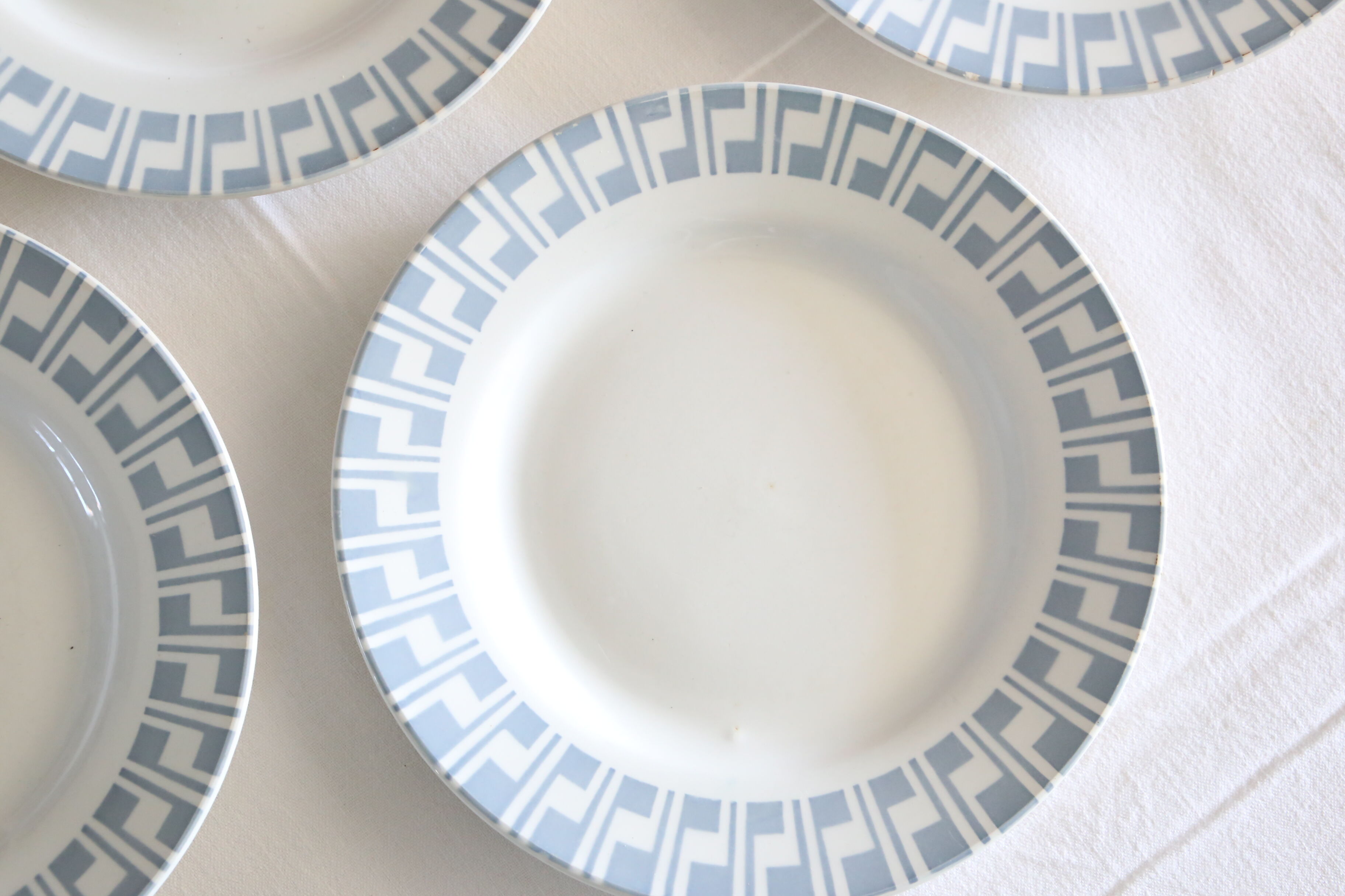 Set of 5 Digoin flat plates, blue geometric patterns, vintage French, rustic, campag