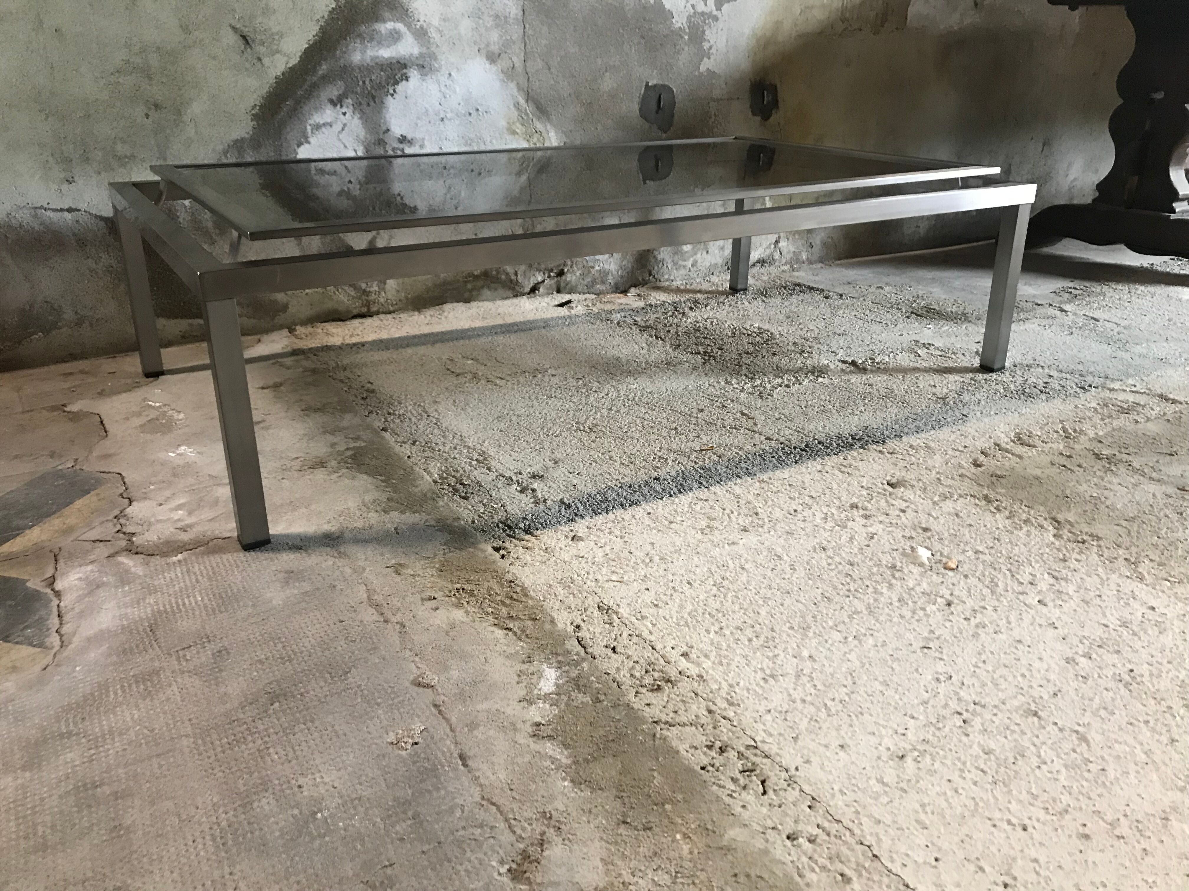 Vintage 1970 stainless steel coffee table and smoked glass