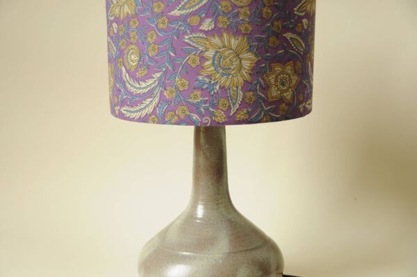 Lampe Vintage Céramique - Abat-Jour Indien Fleurs Violet - Style Années 70
