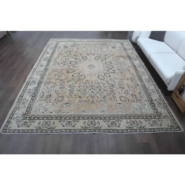 1970s Vintage Persian Handmade Wool Cotton Light Brown Area Rug 276x356