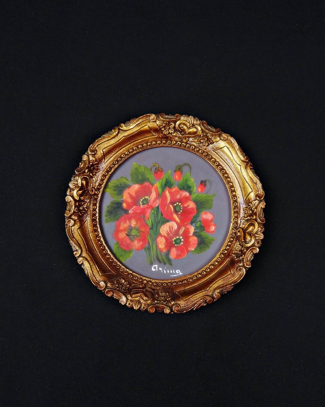 Still life in Tondo oil on panel of a bouquet of poppies signed