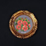 Still life in Tondo oil on panel of a bouquet of poppies signed