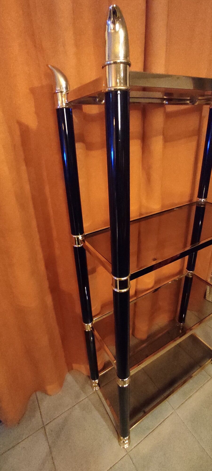Shelf, Chinese, black and gold metal, smoked glass