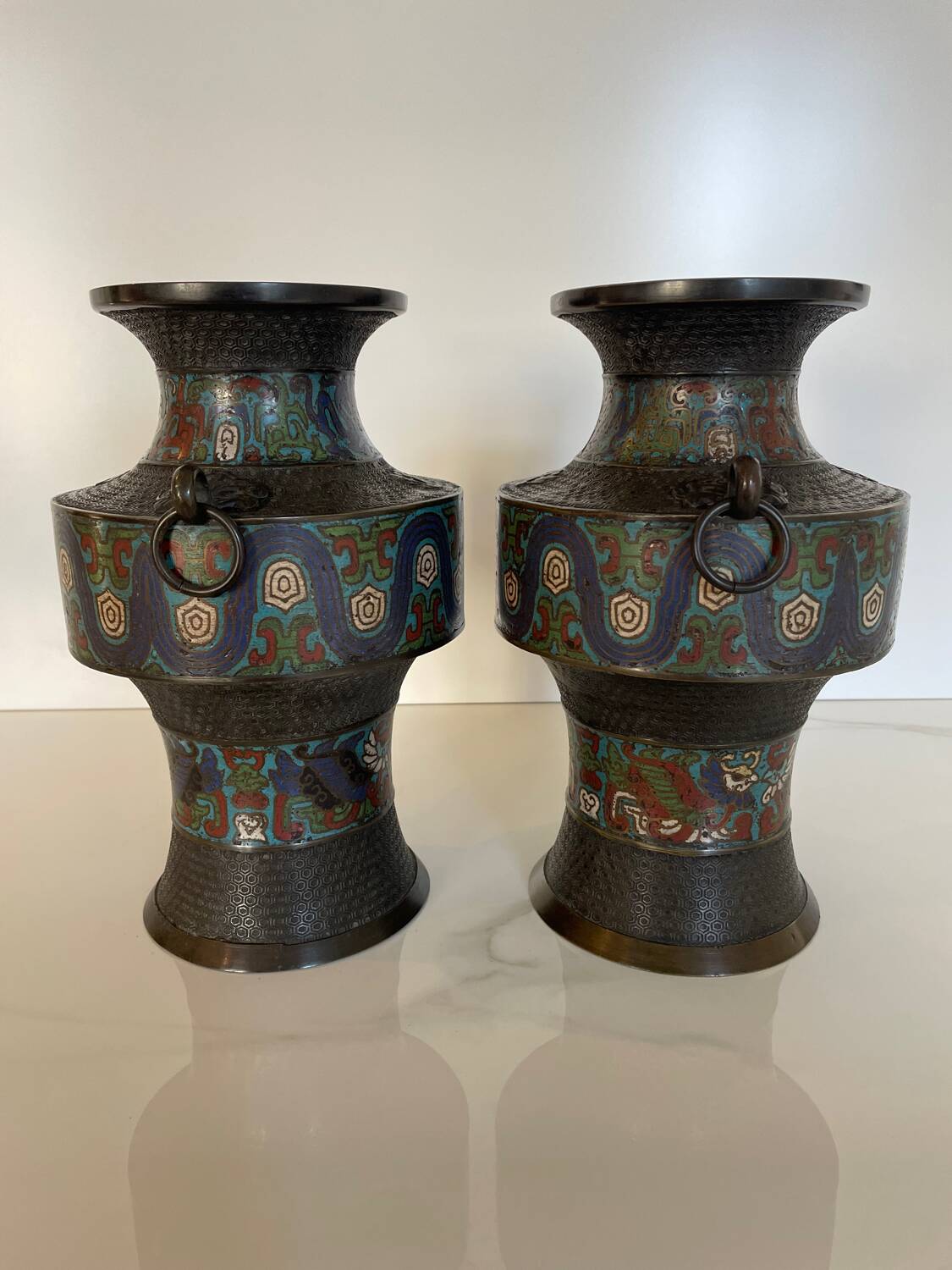 Pair of antique cloisonné bronze vases, China or Japan circa 1900-1930.
