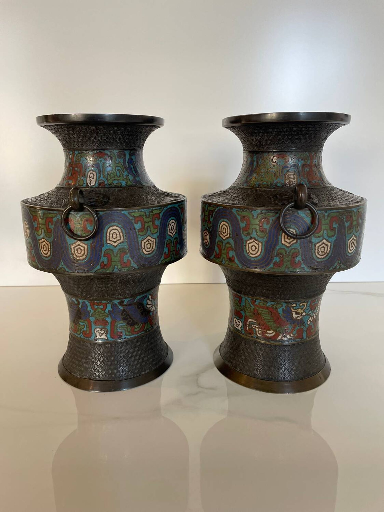 Pair of antique cloisonné bronze vases, China or Japan circa 1900-1930.