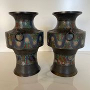 Pair of antique cloisonné bronze vases, China or Japan circa 1900-1930.