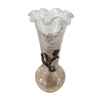 Vase en verre effet brisé motif chardon en étain