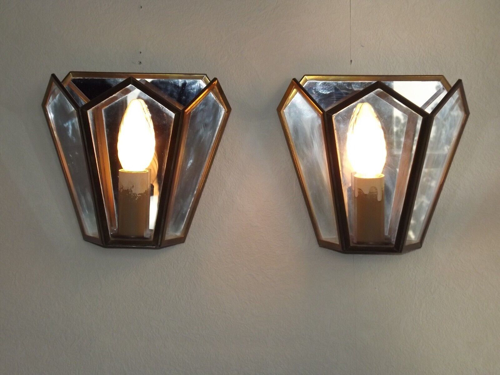 Matching pair french mid century copper & glass single light wall lanterns 3915