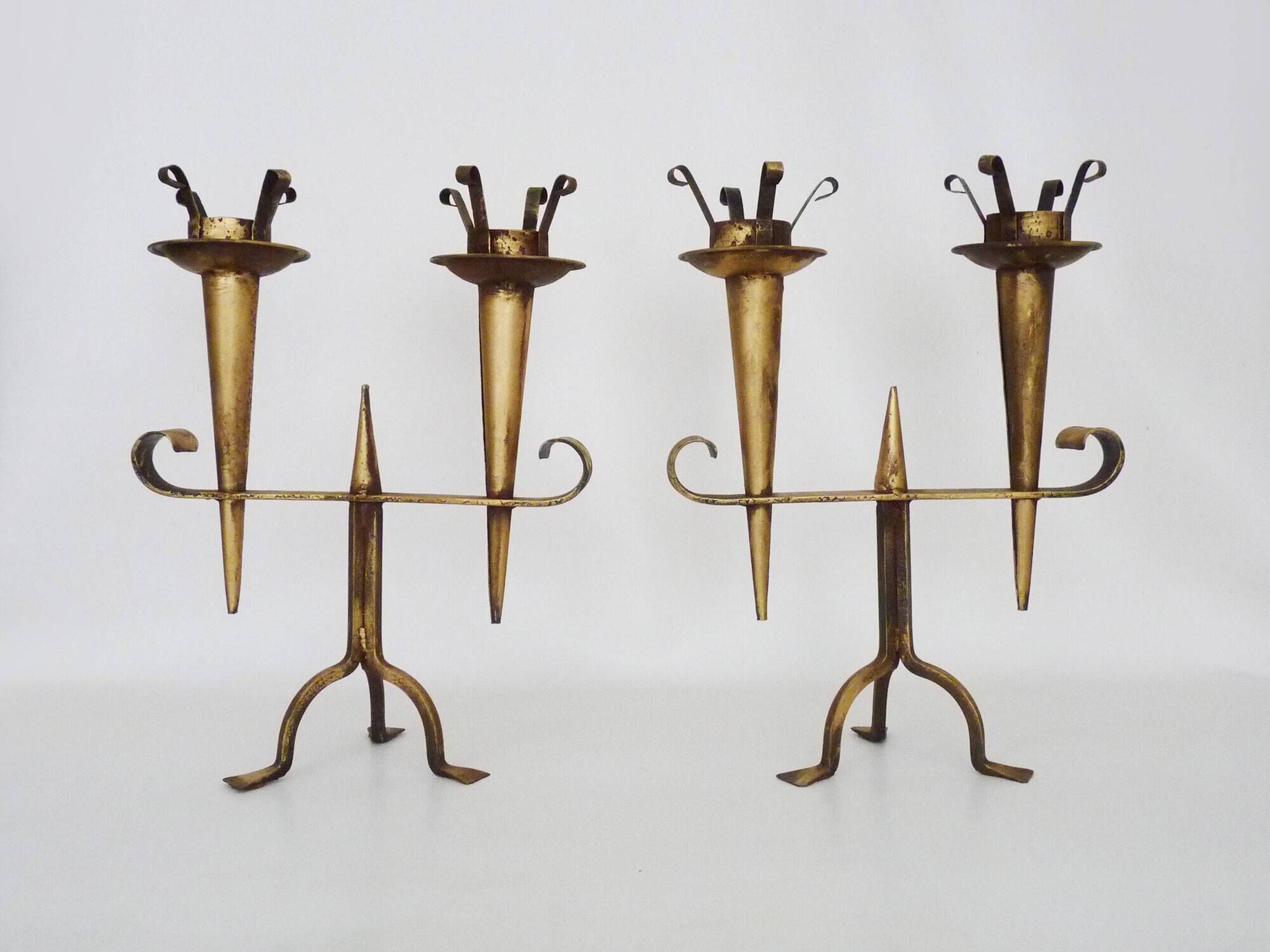 Large Pair of Vintage French Gold Wrought Iron 2 Candle Holders 60
