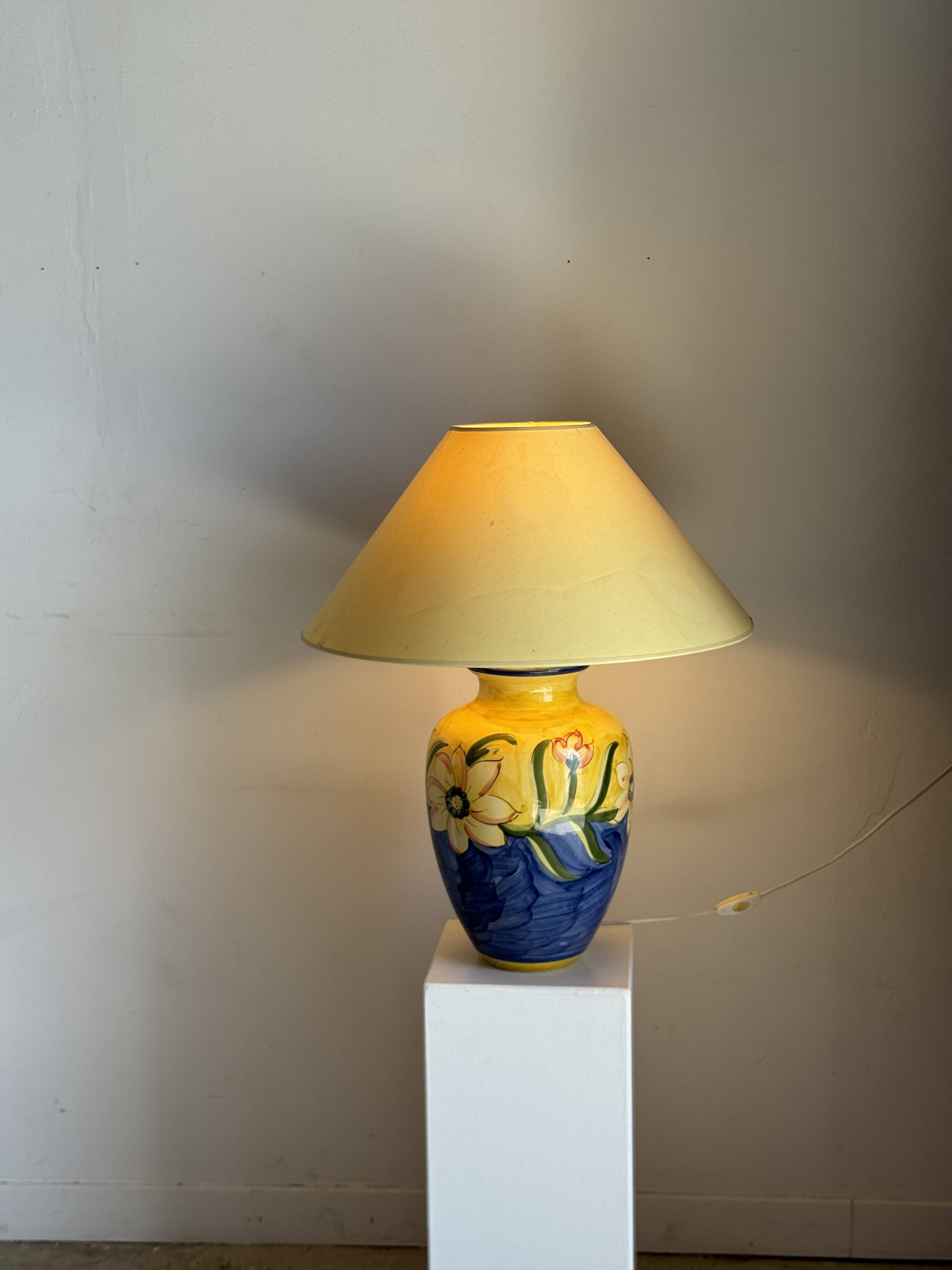 Large blue and yellow lamp with floral patterns H60