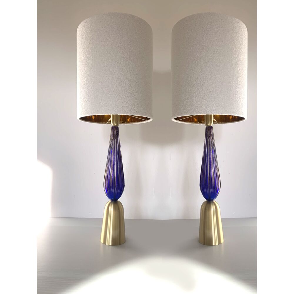Murano glass table lamps Blu and gold with Bouclé lamp Lampshde by SimoEng