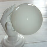 Hand lamp in white ceramic and white opaline globe, in perfect condition