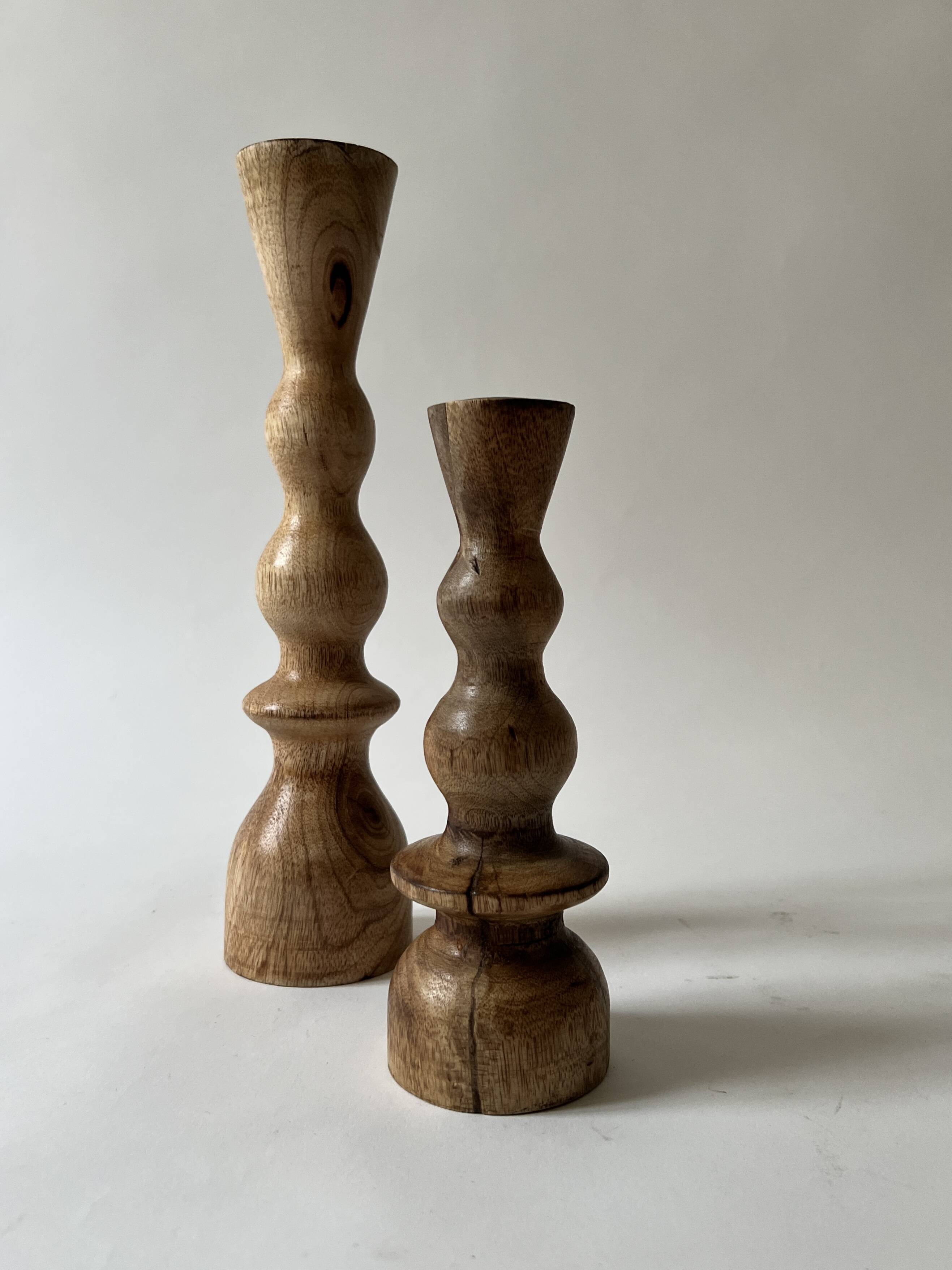 Set of 2 designer candle holders in turned wood