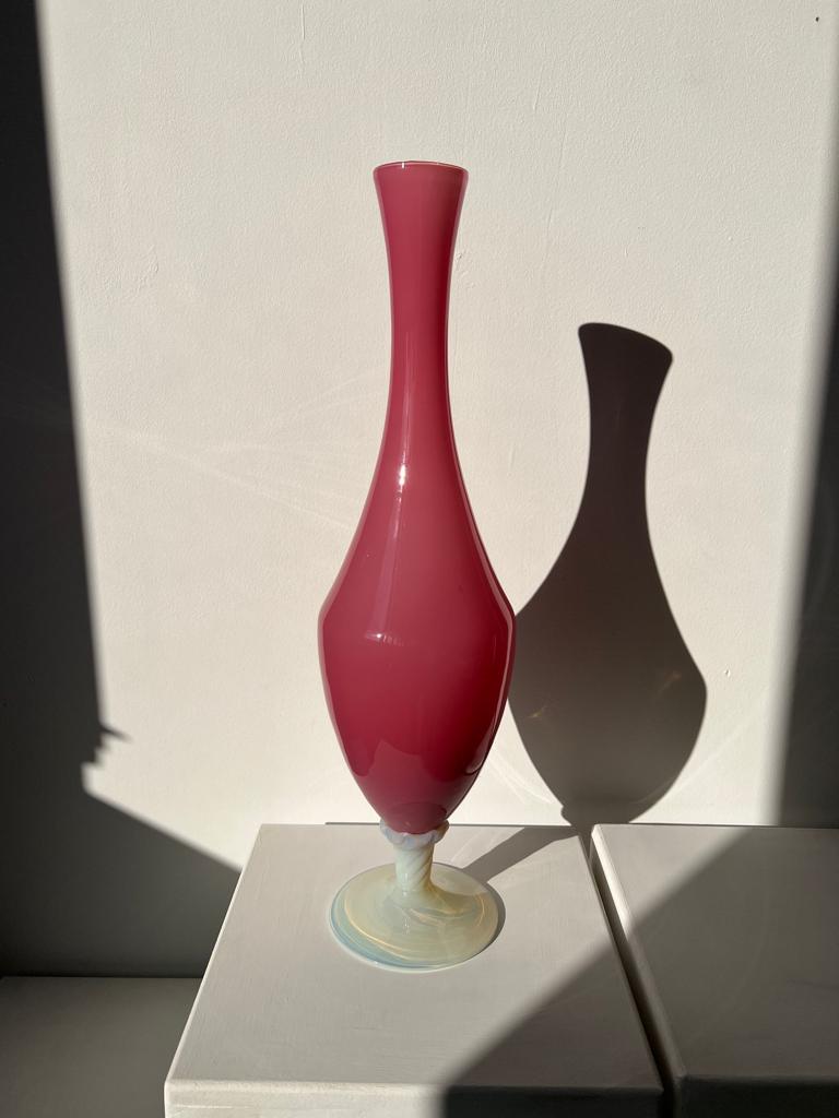 Vintage pink opaline glass vase, white foot h: 53cm