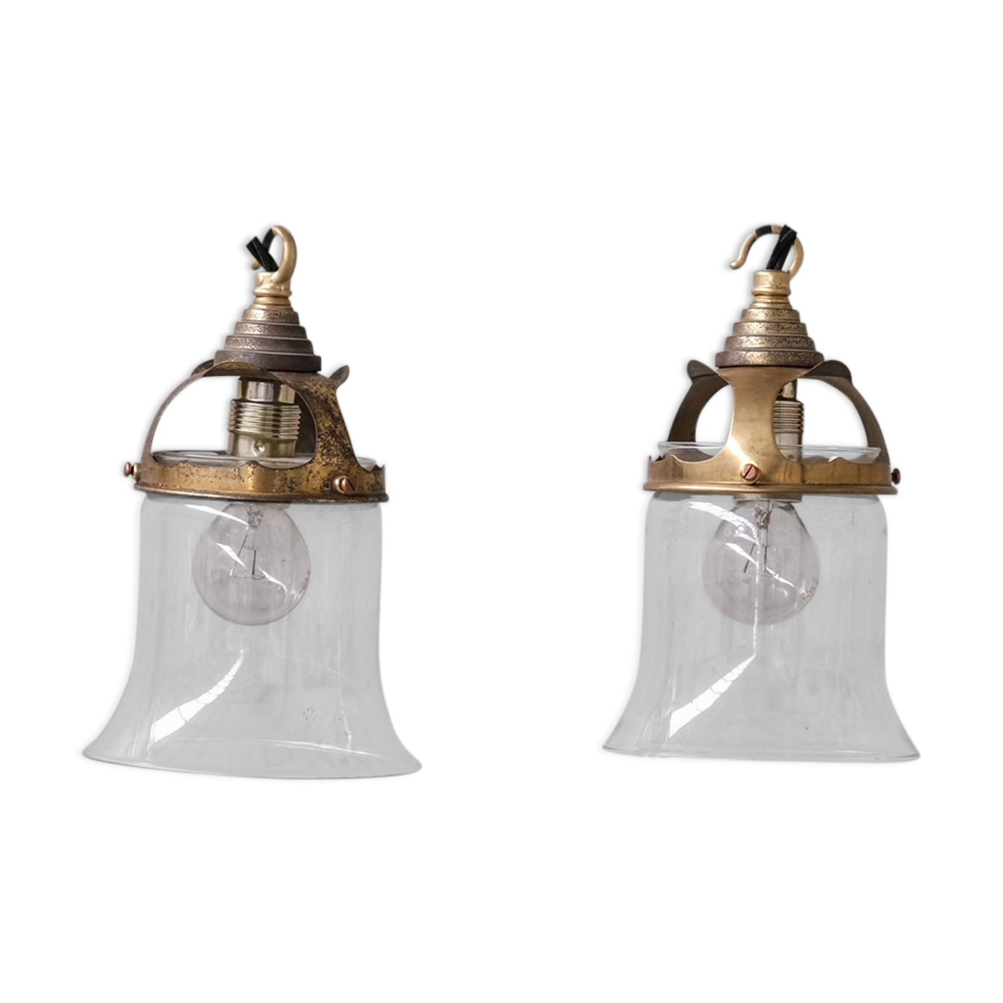 Pair of french glass and brass pendants mid century