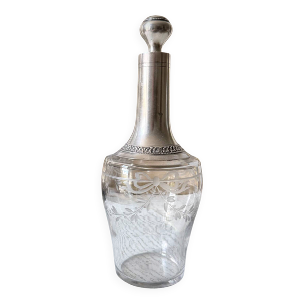 Carafe ancienne en cristal et argent massif – décor rubans et guirlande