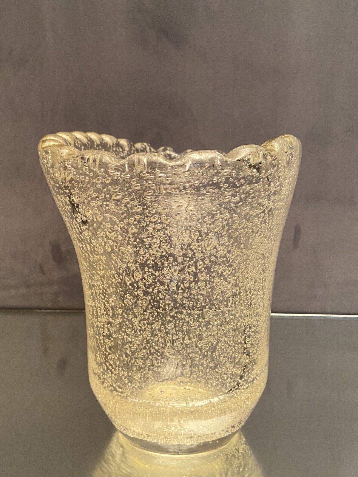 Crystal vase with subtly tinted bubble decoration signed Daum