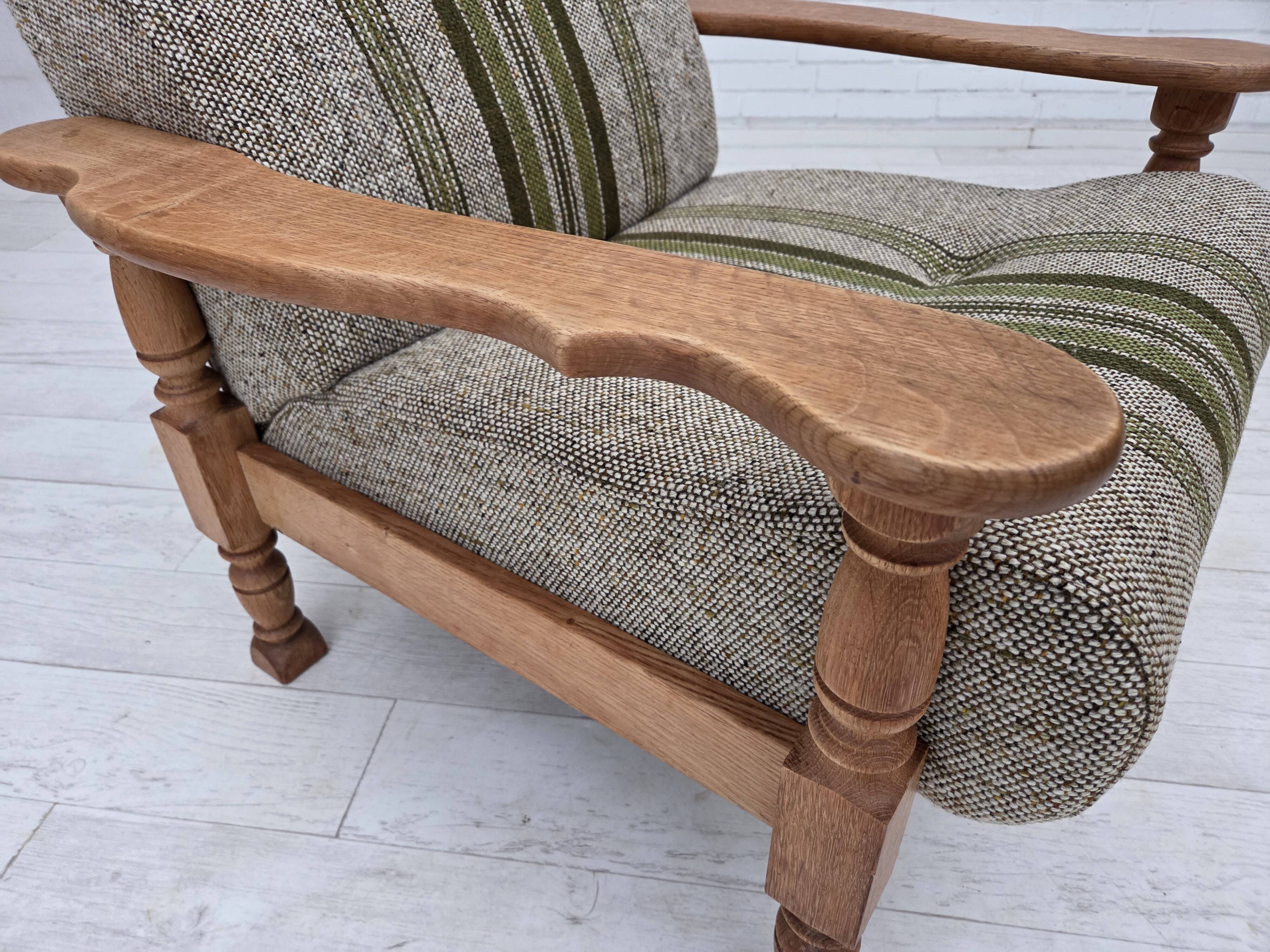 1970s, Danish armchair, original furniture wool fabric, solid oak wood.