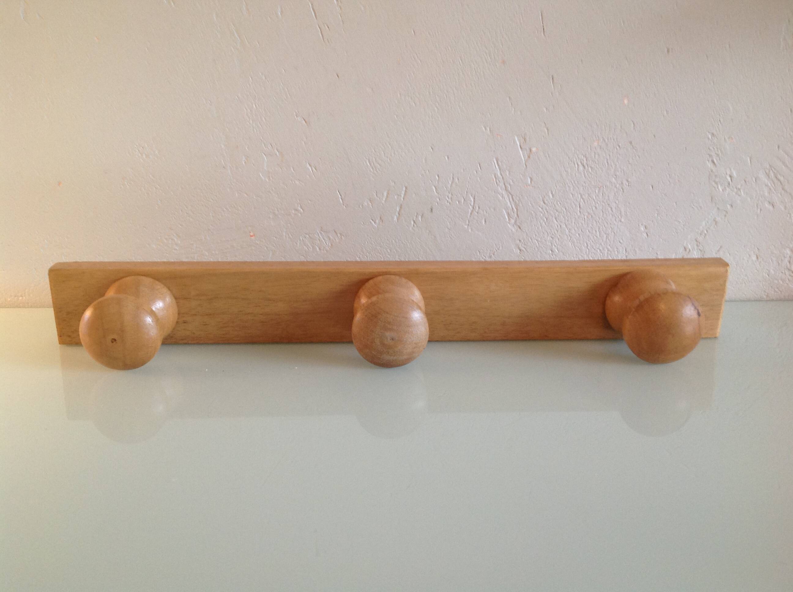 Three-headed varnished wooden coat rack, Scandinavian style / vintage 60s-70s