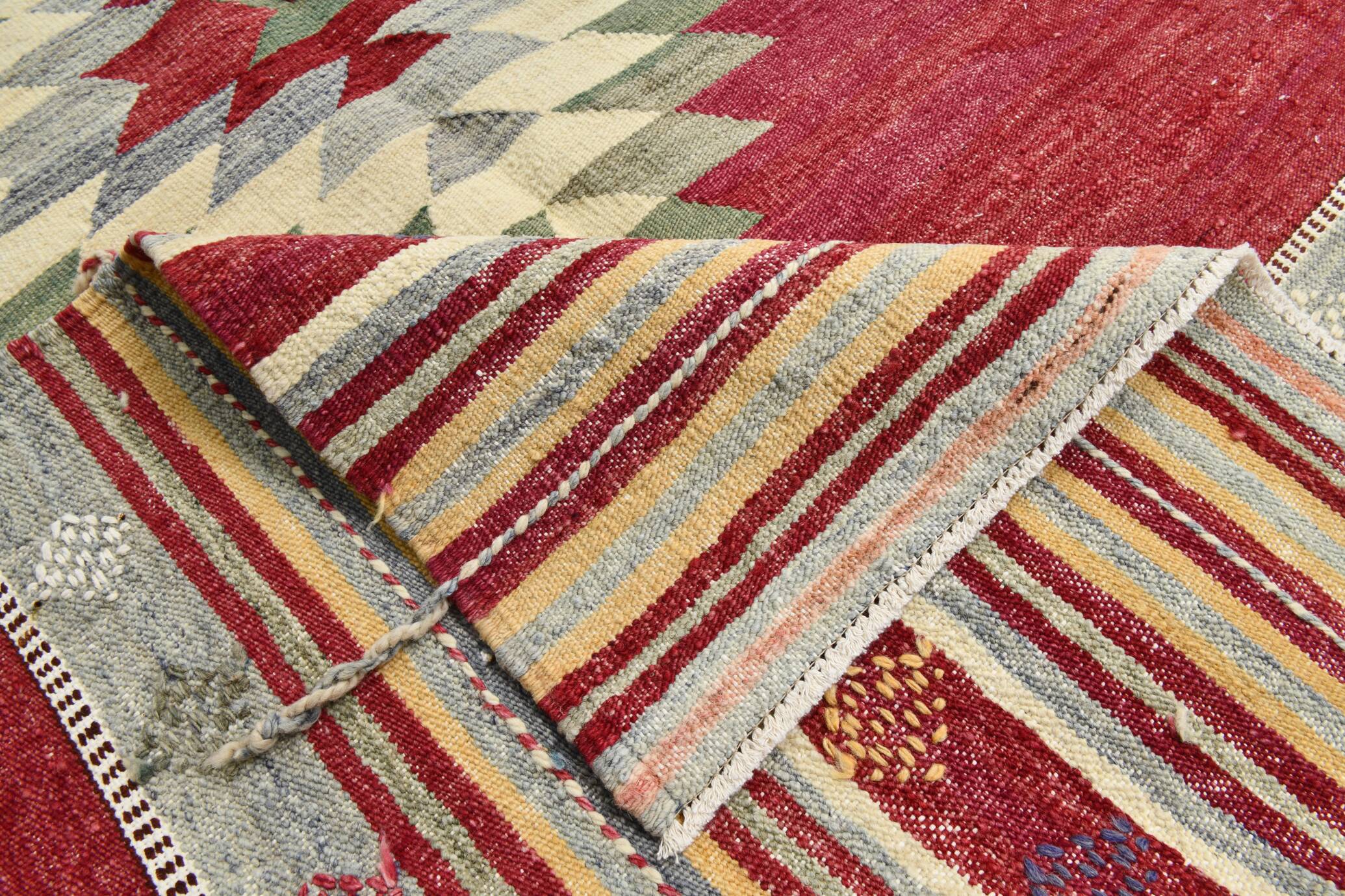 Wine Red & Green Turkish Kilim Rug, 156x224Cm