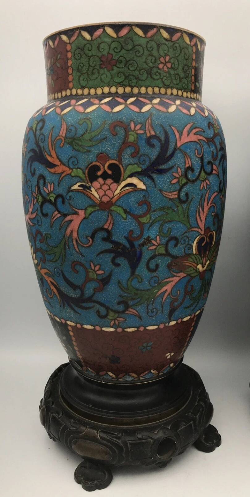 PAIR of Cloisonné Ceramic VASES, Floral Decoration, Bronze Base