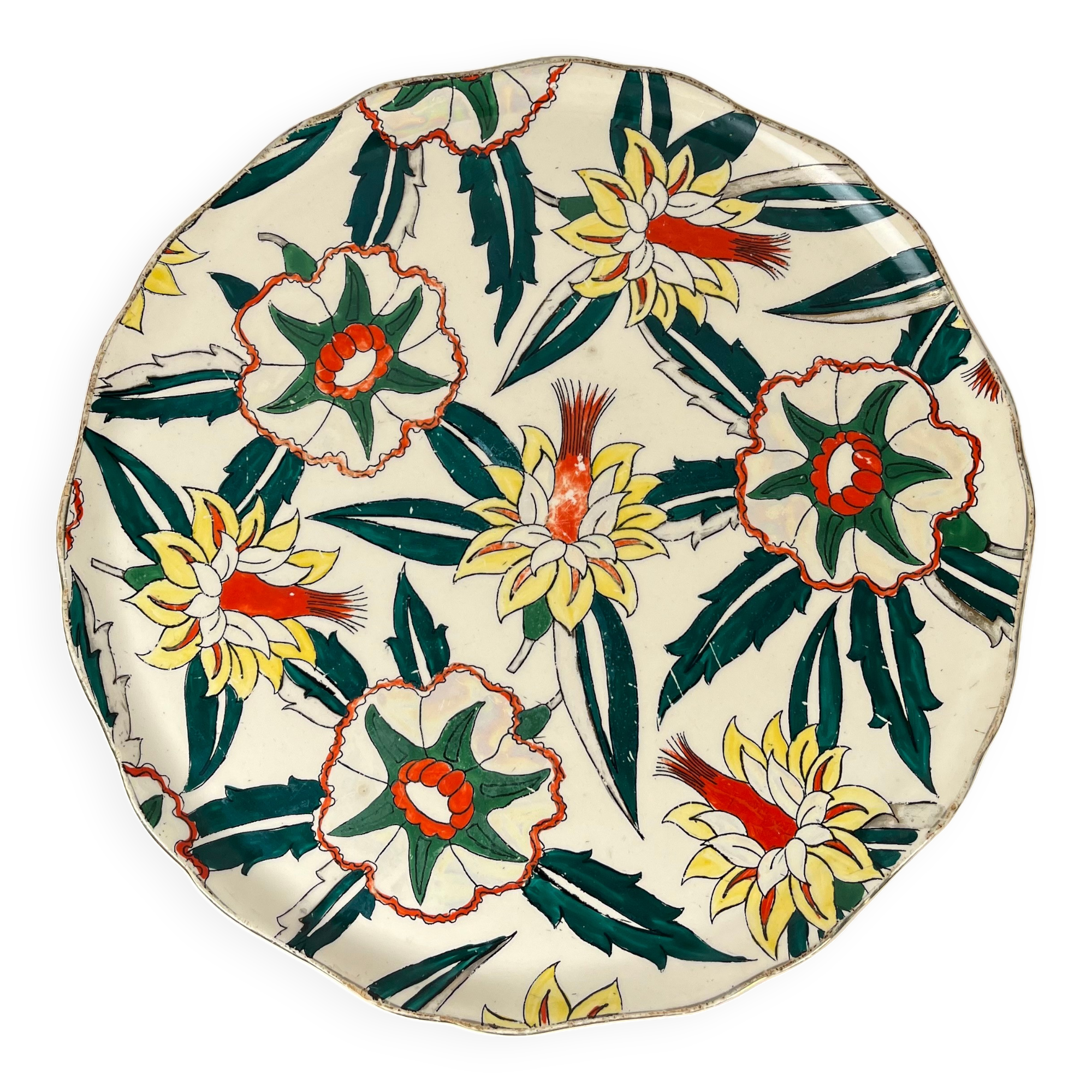 Longwy cake dish, "Romance" model, early 20th century.